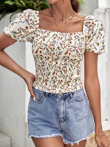 SHEIN Frenchy Ditsy Floral Print Square Neck Puff Sleeve Blouse Summer Flower - Beige - View 5