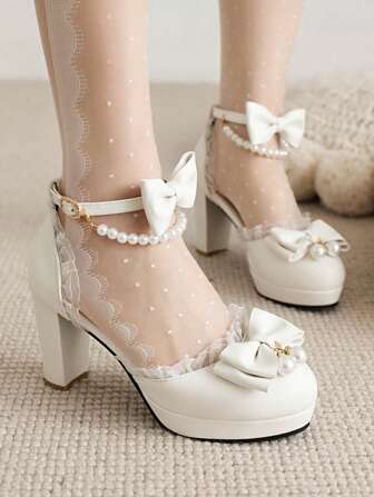 Fall/Winter Women Bow & Faux Pearls Decor Chunky Heeled Ankle Strap Pumps, Preppy Outdoor Pumps,Elegant,Mary Jane,Party