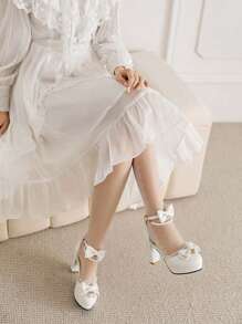 秋冬女式蝴蝶结和人造珍珠装饰粗跟踝带高跟鞋，学院风户外高跟鞋，优雅玛丽珍鞋，派对鞋