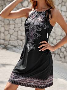 EURMUSE Paisley Print Knot Cami Dress - Black - View 4