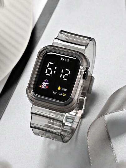Kids Square Dial Clear Strap Digital Watch