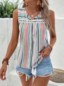 SHEIN LUNE Striped Print Tie Neck Blouse - Multicolor - View 5