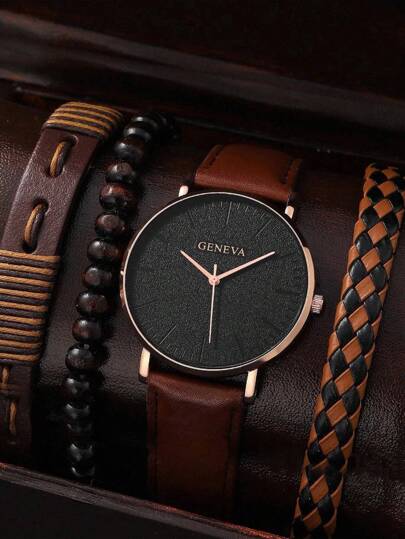 1 件简约休闲渐变石英皮革手表男士手表 3 件奢华皮革手链套装父亲节礼物送给朋友作为返校学生的礼物