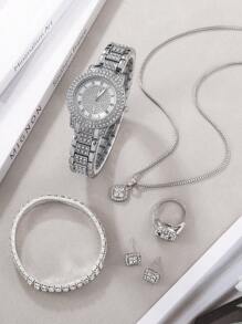 1 Đồng hồ thạch anh trang trí bằng kim cương giả & Bộ trang sức 5 cái/bộ Ngày lễ làm quà tặng cho học sinh đi học trở lại - Bạc - Xem 5