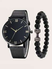 ECONOMICXI Đồng hồ đeo tay thạch anh mặt tròn nam & 1 vòng tay đính cườm - màu đen - Xem 1