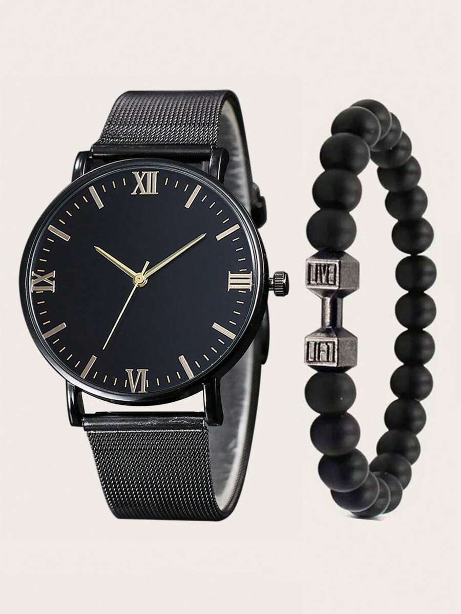 ECONOMICXI Đồng hồ đeo tay thạch anh mặt tròn nam & 1 vòng tay đính cườm - màu đen - Xem 1