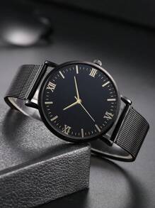 ECONOMICXI Đồng hồ đeo tay thạch anh mặt tròn nam & 1 vòng tay đính cườm - màu đen - Xem 2