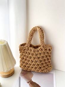 Solid Colour Crochet Bag With Double Handles Hollow Out Design - Khaki - View 2