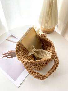 Solid Colour Crochet Bag With Double Handles Hollow Out Design - Khaki - View 3