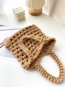 Solid Colour Crochet Bag With Double Handles Hollow Out Design - Khaki - View 4