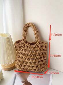 Solid Colour Crochet Bag With Double Handles Hollow Out Design - Khaki - View 5