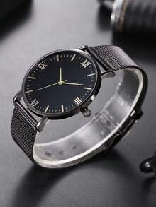 ECONOMICXI Đồng hồ đeo tay thạch anh mặt tròn nam & 1 vòng tay đính cườm - màu đen - Xem 4