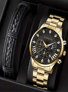 1 Nam Vàng Hợp Kim Kẽm Dây Đeo Ngày Kinh Doanh Kim Cương Giả Quy Mô Mặt Tròn Đồng Hồ Thạch Anh & 1 Vòng Tay, cho Cuộc Sống Hàng Ngày - Vàng - Xem 1