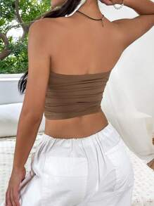 SHEIN Essnce Solid Ruched Side Crop Tube Top - Brown - View 2