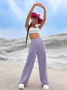 SHEIN EZwear Pantalones de pierna ancha de unicolor para uso diario de mujer