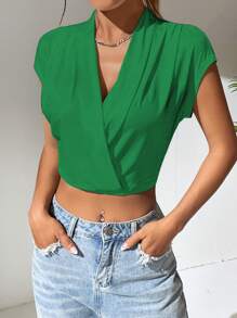 SHEIN Privé 素色交疊領短款T恤 - 綠色 - 查看 4