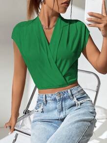 SHEIN Privé 素色交疊領短款T恤 - 綠色 - 查看 5