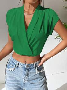 SHEIN Privé 素色交疊領短款T恤 - 綠色 - 查看 6