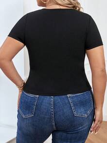 SHEIN Essnce 大碼網紗拼接豹紋印花T恤 - 黑色 - 查看 2