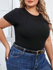 SHEIN Essnce 大碼網紗拼接豹紋印花T恤 - 黑色 - 查看 3