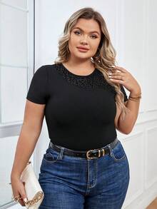 SHEIN Essnce 大碼網紗拼接豹紋印花T恤 - 黑色 - 查看 5