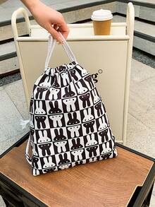 Medium Drawstring Backpack Two Tone Rabbit Graphic - Black and White - View 1