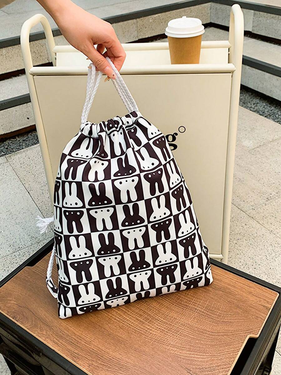 Medium Drawstring Backpack Two Tone Rabbit Graphic - Black and White - View 1