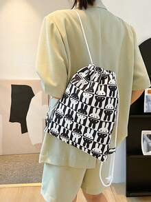 Medium Drawstring Backpack Two Tone Rabbit Graphic - Black and White - View 2