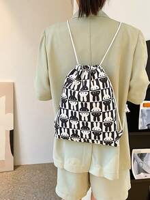 Medium Drawstring Backpack Two Tone Rabbit Graphic - Black and White - View 3