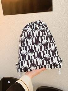 Medium Drawstring Backpack Two Tone Rabbit Graphic - Black and White - View 4