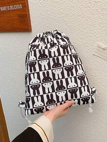 Medium Drawstring Backpack Two Tone Rabbit Graphic - Black and White - View 5