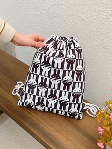 Medium Drawstring Backpack Two Tone Rabbit Graphic - Black and White - View 7