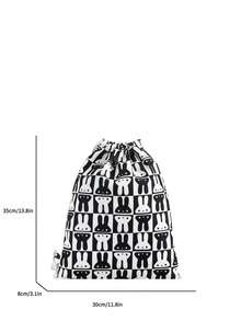 Medium Drawstring Backpack Two Tone Rabbit Graphic - Black and White - View 8