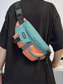 Medium Bum Bag Colourblock Pocket Front Letter Patch Decor - Green - View 1