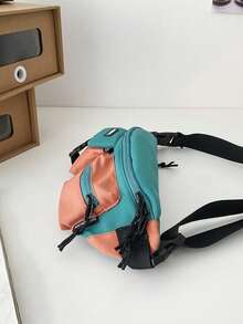 Medium Bum Bag Colourblock Pocket Front Letter Patch Decor - Green - View 3