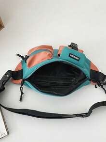 Medium Bum Bag Colourblock Pocket Front Letter Patch Decor - Green - View 6