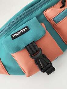 Medium Bum Bag Colourblock Pocket Front Letter Patch Decor - Green - View 8