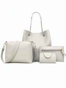 4入組組合包托特包斜挎包零錢包卡包荔枝紋壓花極簡 - 淺灰色 - 查看 1