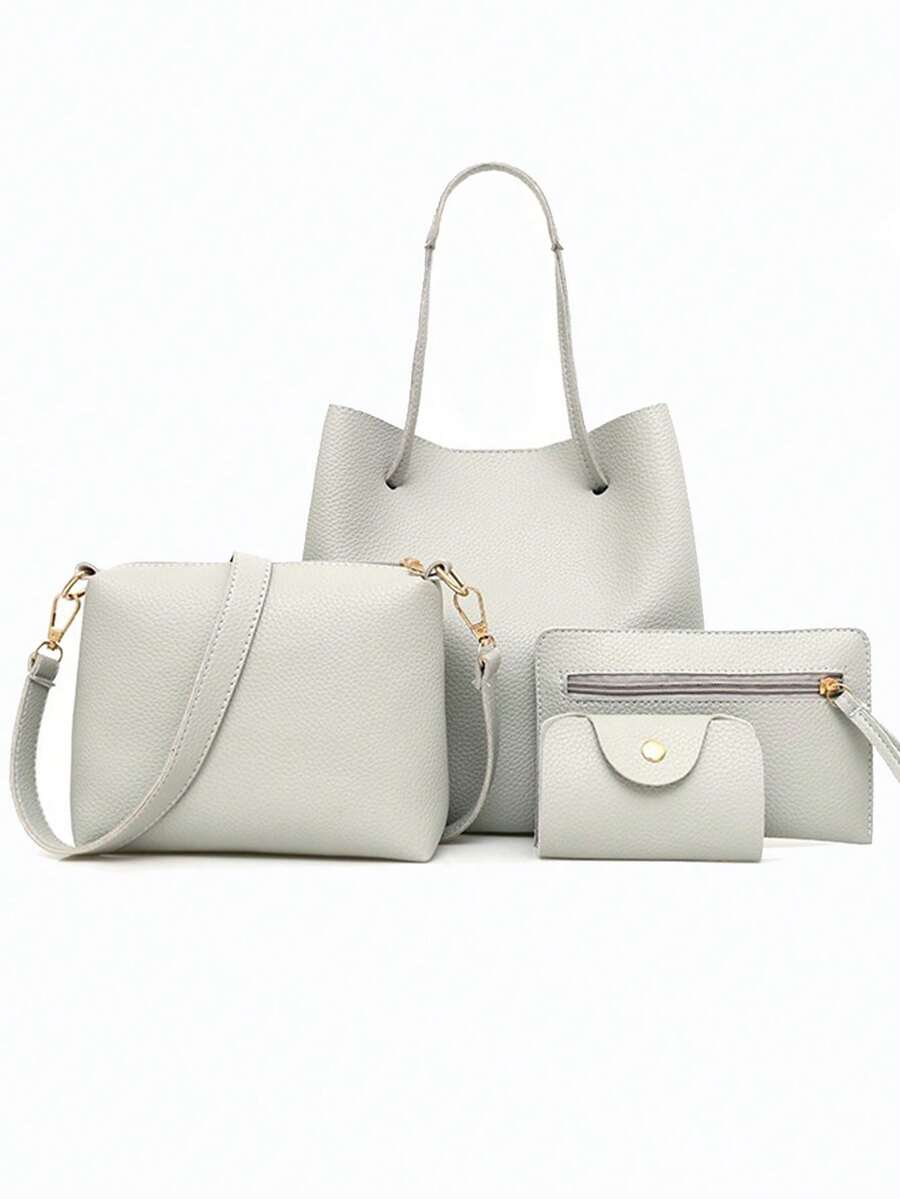 4入組組合包托特包斜挎包零錢包卡包荔枝紋壓花極簡 - 淺灰色 - 查看 1