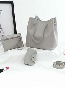 4入組組合包托特包斜挎包零錢包卡包荔枝紋壓花極簡 - 淺灰色 - 查看 2