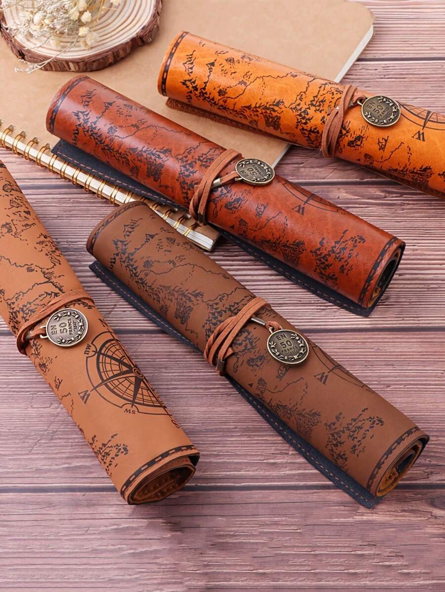 1 件颜色随机复古藏宝图卷 PU 大容量笔袋化妆刷袋 - 彩色 - 查看 1