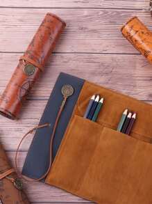 1 件颜色随机复古藏宝图卷 PU 大容量笔袋化妆刷袋 - 彩色 - 查看 4