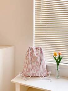 Cartoon Rabbit Decor Drawstring Backpack Pink Cute For Daily - Pink - View 2
