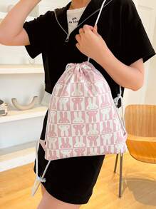 Cartoon Rabbit Decor Drawstring Backpack Pink Cute For Daily - Pink - View 4
