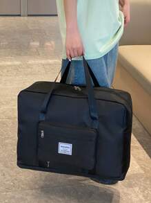 字母貼布時尚旅行包黑色大容量可折疊適用於短距離旅行 - 黑色 - 查看 1