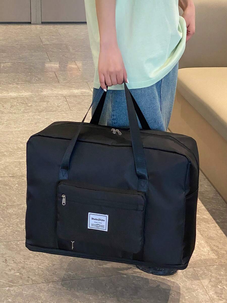 字母貼布時尚旅行包黑色大容量可折疊適用於短距離旅行 - 黑色 - 查看 1