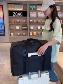 字母貼布時尚旅行包黑色大容量可折疊適用於短距離旅行 - 黑色 - 查看 2