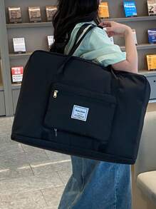 字母貼布時尚旅行包黑色大容量可折疊適用於短距離旅行 - 黑色 - 查看 5