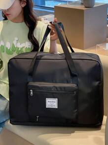 字母貼布時尚旅行包黑色大容量可折疊適用於短距離旅行 - 黑色 - 查看 6