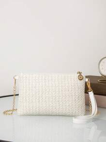Mini Straw Simplistic Solid Color Shoulder Hand Carry Clutch Chain Crossbody Bag - White - View 4